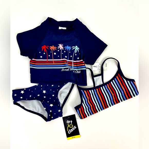 Art Class Girls 3 Piece Rashguard Swimsuit Set Sunset Surf Club design X… - Picture 7 of 10